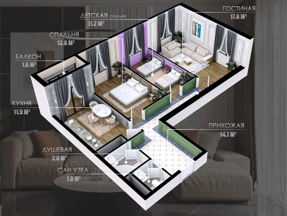 3-комнатная квартира в Мирабаде, рядом с Саракулькой, новостройка(МА)