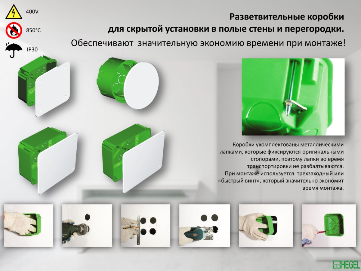 Коробки разветвительные для гипсокартона КР-1201, 1202, 1203, 1204 HEGEL